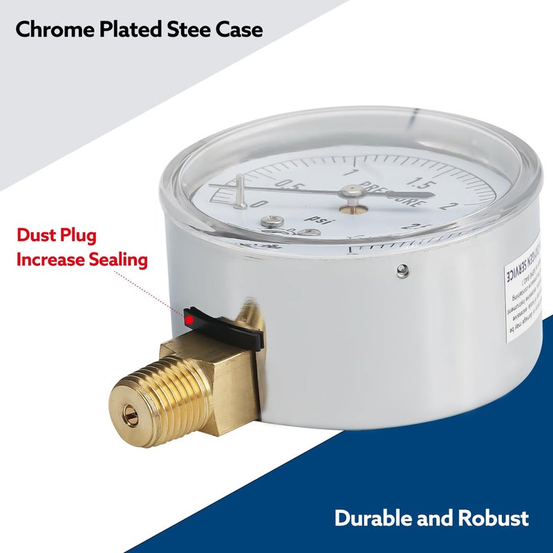senctrl 0-5 Psi Low Pressure Gauge, Capsule Gauge, 2-1/2" Dial Size, 1/4" NPT Lower Mount, Zero Adjustment, for Air Water Gas Pressure Test - Image 4